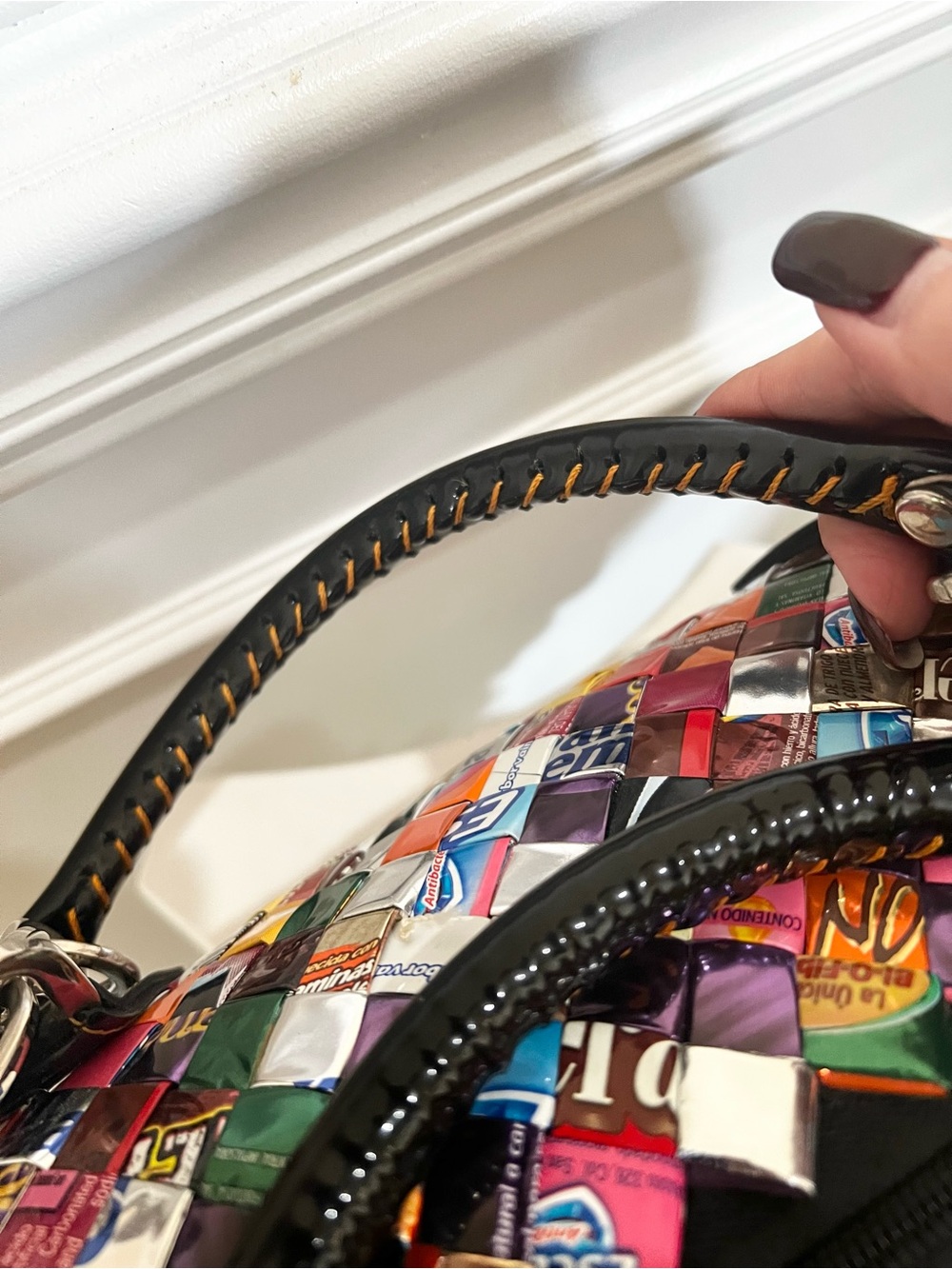 Recycled, Patchwork Hand Woven Candy Wrappers Structured Large Satchel. - Picture 14 of 17